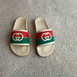 Gucci Cream Slides with Red and Green Accents/ Gucci GG logo slides